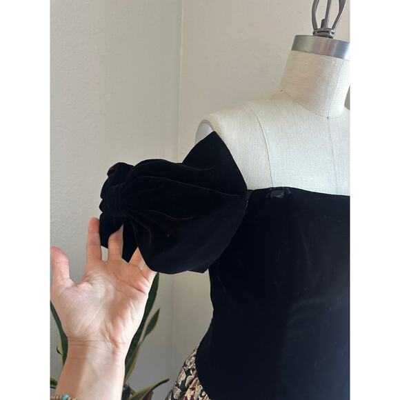 Jessica McClintock Women’s 10 Dress Black Velvet Brocade Evening Puff Bow Sleeve - Picture 4 of 4